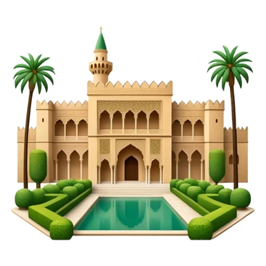 Cinematic Realistic Alhambra Landmark Emoji, showcasing the ornate historic palace with lush gardens rendered with rich textures and soft, majestic lighting. sticker