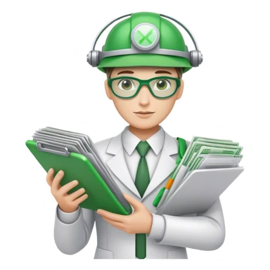 cyborg bookkeeper with green accountant visor holding spreadsheets sticker
