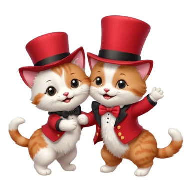 Steampunk:a very cute and adorable anthropomorphic baby cat with a red top hat is dancing with a puppy sticker