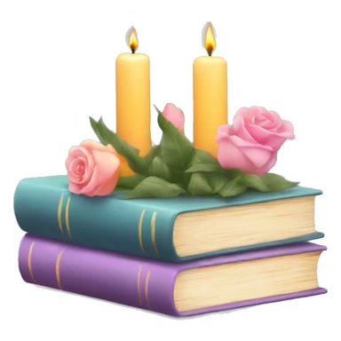 Vertical stack of books with candles and flowers surrounding make the colors pastel sticker