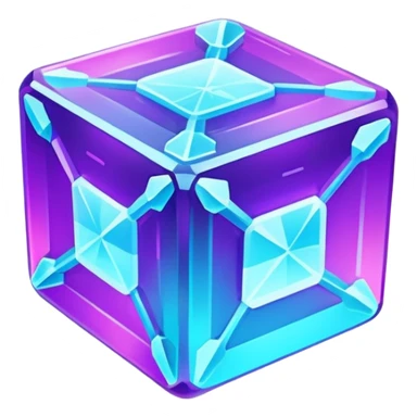 Futuristic glowing ice crystal cube, icy neon cyan highlights, purple neon accents, dark background, digital tech style. sticker