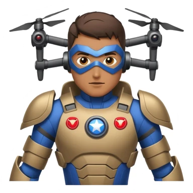 Un photographe homme high tech, une armure de terrain à la super héro. Il a des appareils photos, des caméras embarquées et un drone  sticker