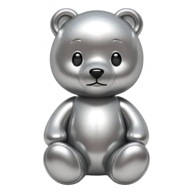 A cute teddy bear emoji made of liquid silver chrome, smooth rounded body, glossy metallic surface, soft reflections, friendly proportions, iOS emoji style, centered, clean white background sticker