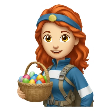 Female red hair mountaineer on mount summit holding greek flag and easter eggs basket sticker