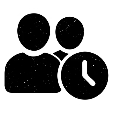 ultra-minimalist solid icon of two abstract figures with a subtle time element, worn and distressed style sticker