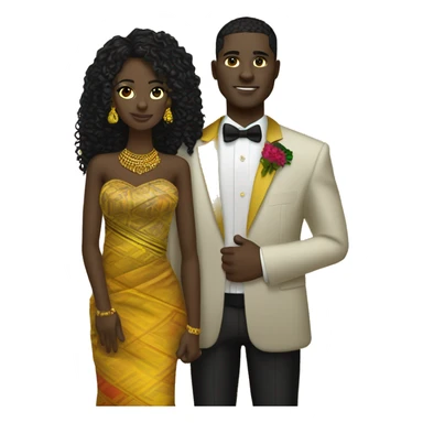 Ghanaian bride with black long curly hair and groom with black short curly hair. Gold jewelry and gold head with kente one shoulder dress. Kente cloth sticker