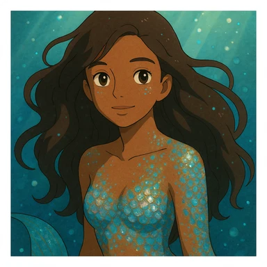 close-up of a mermaid with brown skin, sparkling iridescent scales, dreamy underwater background, ghibli style sticker