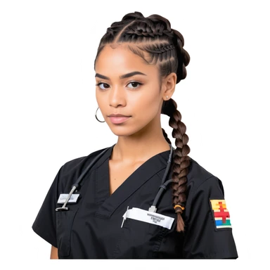 A 40-year-old Latina woman with light brown skin, working as a car mechanic, wearing all black mechanic scrubs, with two braids pulled back from her head sticker