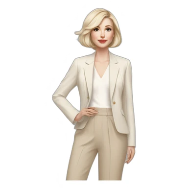 pale skin woman with ash blonde Straightened bob Hair, White Spacious classical jacket, beige palazzo Arrow pants and gray blouse holding a color palettes in the hands sticker