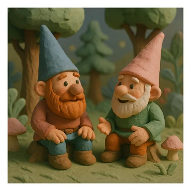 two gnomes in a forest, sitting side by side, chatting, magical atmosphere, pastel colors, claymation style sticker