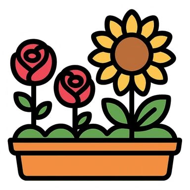 flower bed featuring roses and sunflowers, minimal background, color outline icon style sticker