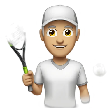 Tennisplayer green-eyed white-male in his 50s,gray-hear, gray-knob, white cap and white-shirt with tennis-raquet and tennis-ball sticker
