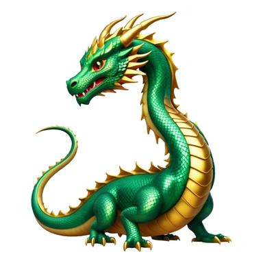 cinematic-noble-dragon-full body-emoji,-poised-and-majestic,-with-a-sinuous,-elongated-build-and-shimmering,-scale-covered-skin-in-hues-of-emerald-and-gold,-piercing,-fiery-eyes,-simplified-yet-sharp-and-sophisticated-features,-highly-detailed, zoomed out showing the serpentine body sticker