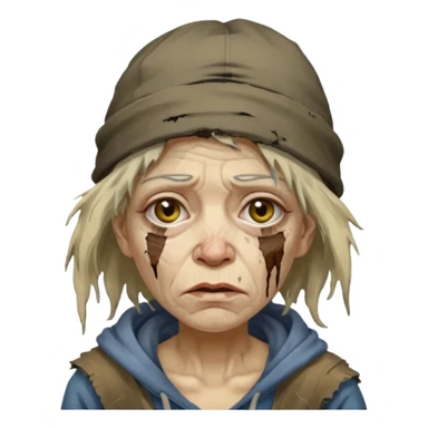 very dirty looking homeless woman with ripped hat and smudged face with ugly hair sticker