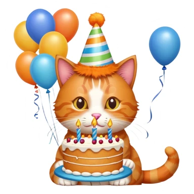 Ginger cat celebrates birthday, birthday hat, birthday cake, balloons, happy, gifts sticker