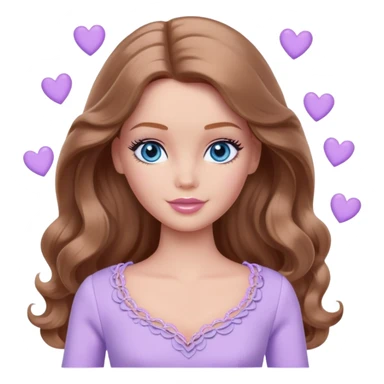 There are grey hearts all around Barbie girl Chestnut long wavy hair and blue eyes is In pale purple clothes sticker