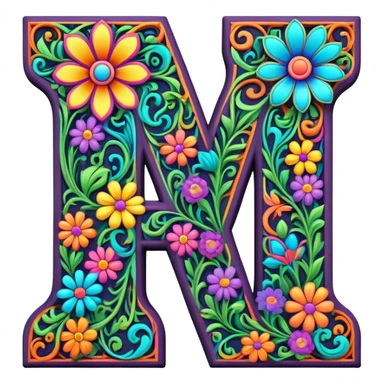 3D, gothic style psychedelic colored Letter W with hippie style flower border sticker