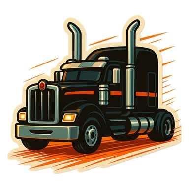 Black Kenworth W680 cartoon truck rolling down the road with exaggerated shiny chrome stacks, motion lines, and vibrant cartoon energy, dynamic and lively. sticker