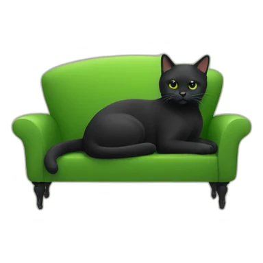 Black cat sitting on a tiny green couch sticker