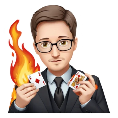Edward Snowden ads magician revealing a deck of cards but there are no cards just a gaming controller surrounded by flames sticker