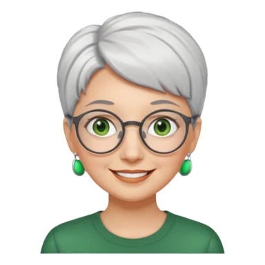 visage femme a lunettes ronde avec cheveux courts gris-blancs aux yeux verts qui souris sticker