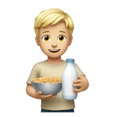 Little blonde boy holding a bowl of milk with cereal sticker