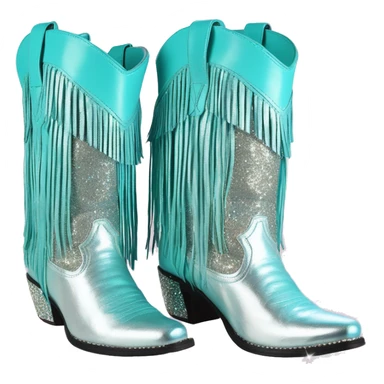 Realistic silver and pastel tiffany blue ombre pair of fashion cowgirl boots with sparkly shiny glitter fringe on them. sticker
