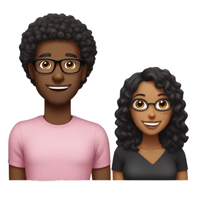 Black man, smiling, curly black hair, with black shirt, no glasses. And Fair woman, medium curly hair, smiling, light pink shirt, black glasses sticker