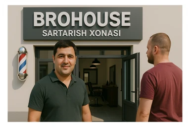 eni shu rasimga manashu odamga uxhshasin sartaosh eshik oldida tursin va tashqarida esa mijoz rasm esa 16 ga 9 bulsin 1920x1080 sticker