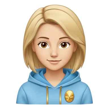 Caucasian female with oval face, straight brown-blonde mixed hair (more brown) with side part, serene smile, light blue sporty hoodie with gold and white fantasy details sticker