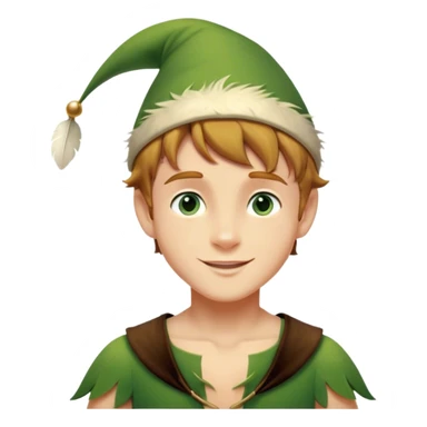 Cinematic Realistic Peter Pan Portrait, depicted with lifelike, youthful skin touched by a gentle sun-kissed glow. His bright, expressive eyes and confident smile evoke a timeless sense of wonder. Dressed in his iconic green tunic and feathered cap, every detail is rendered with soft, natural lighting that highlights his blend of innocence and courageous spirit. sticker