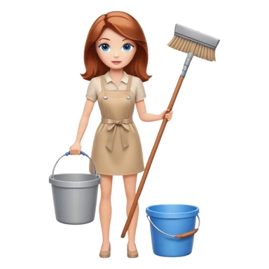 A Barbie girl with blue eyes, shoulder-length reddish-brown hair, made-up, and beige clothes stands with a mop and bucket sticker