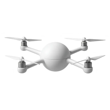 streamlined white drone with a spherical main body, arms and propellers connecting directly to the ball, no logo sticker