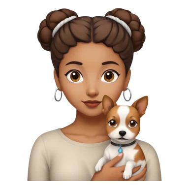 sort, 30 year old, brown girl, back Bun (one) hairstyle, with a bug white brown dog sticker