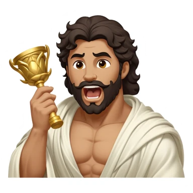 Cinematic Realistic Hercules Portrait, head tilted slightly with a dramatic, wide-open yawn, revealing a moment of relaxed, unguarded strength. His bronze, sculptural skin and thick, wavy dark hair retain their classical beauty even in repose. Draped in a gracefully flowing white robe with subtle golden details, the portrait is bathed in soft natural lighting, capturing a tender glimpse of vulnerability from a timeless Greek hero. sticker