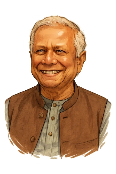 Мухамма́д Юну́с в слегка рисованном, но при это объемный стиль, прозрачный фон sticker