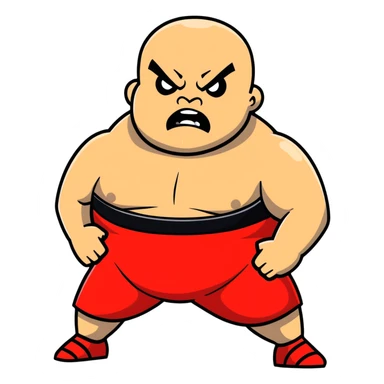Close-up of white skin fat guy no muscle with prominent black durag, completely shaved face, no beard or mustache, black eyes in a red and black wrestling singlet with angry face sticker