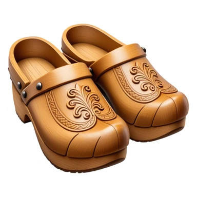 Cinematic Realistic Wooden Clogs Emoji, depicted as a pair of traditionally carved wooden clogs with intricate details and rustic charm. sticker
