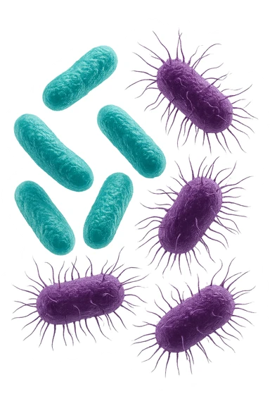 5 BATTERI BUONI E 5 BATTERI CATTIVI FLUTTUANO IN ARIA, I BATTERI BUONI FALLI TURCHESI, I BATTERI CATTIVI FALLI VIOLA, IPERREALISTICO 4K, NON DISEGNATO sticker