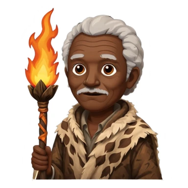 ancient africa old man, tattered animal skin cloth, hold fire stick sticker