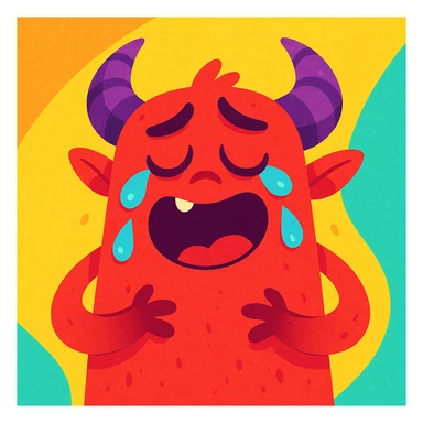 a sad but happy red monster with purple horns, fun and expressive style, vibrant toon illustration sticker