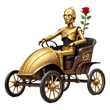 Old American West tarnished C-3PO bounty hunter 1854 delicately ornate rosegold accents painted dune buggy buckboard wagon powered by electric motors and batteries with safety features and belts flying rapidly across rough dusty terrain stable on strong agile futuresteampunk suspension and steering  sticker