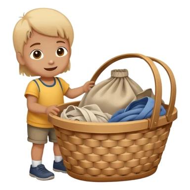 child dropping dirty clothes into a basket, cheerful and responsible sticker