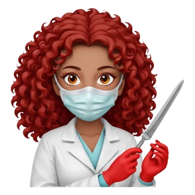 Scary woman scalpel in hand, evil surgeon sexy surgeon clothes.  She has red eyes. Her  brown long curly hair. Wears sexy doctor outfit with red gloves. make her hair free and brown but have mouthy  wear  mask  to hide. Wears white surgeon jacket and  has lon* brown hair. sticker