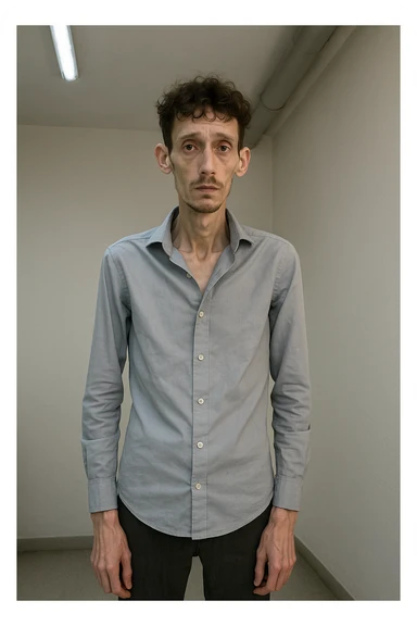 uomo che ha perso massa ed è piatto muscolarmente, lui è in piedi e si vede il fisico debilitato sticker