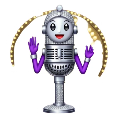 Create a glamorous and vibrant emoji representing stage vocal performance. The design should feature a humanless collage of classic vintage microphone, stage costume covered in rhinestones, large scene speakers, scene lights. The costume should be stylized, with glittering elements like sequins and sparkles, and reflect the glitzy, extravagant nature of show business. The microphone should have a sleek, retro look with chrome or metallic accents. Use rich, dazzling colors like gold, silver, deep purple, and bright red to evoke the glamorous, larger-than-life feel of a stage performance. The background should be transparent. sticker