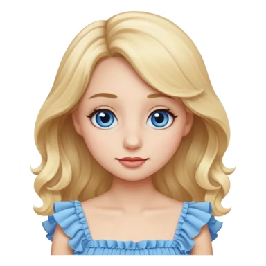 Emoji girl with slightly close-set blue eyes and eyeliner on them, a bit long nose, wide not very full lips, oval face shape, not so long blonde hair in cute light color ruffle dress sticker