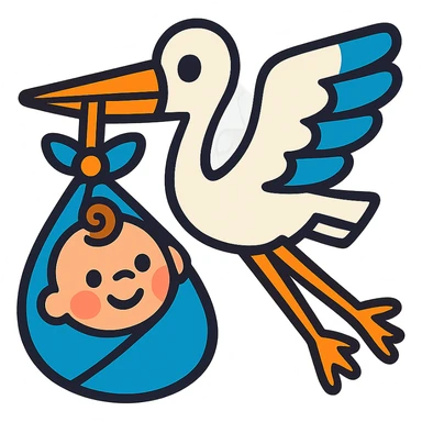 human baby in a bundle being carried by a flying stork in vibrant toon style sticker