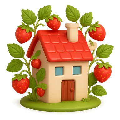 Create a 3D iOS-style illustration of a cute house with a red roof, surrounded by strawberry plants with ripe strawberries and green leaves. The scene should have soft lighting and a glossy effect. No background. Style: GPT Image. sticker