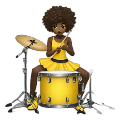cute punk girl in yellow dress dark skin with yellow eyes and dark curvy hairs plays on drums sticker